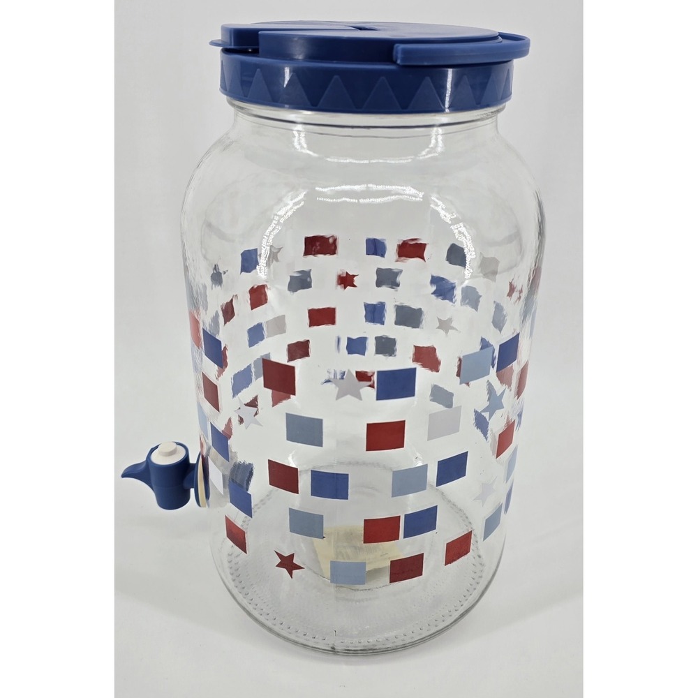 Vtg 90s Glass Sun Tea Jar Americana Squares Blue Lid w/ Handle Spout 1 Gal USA